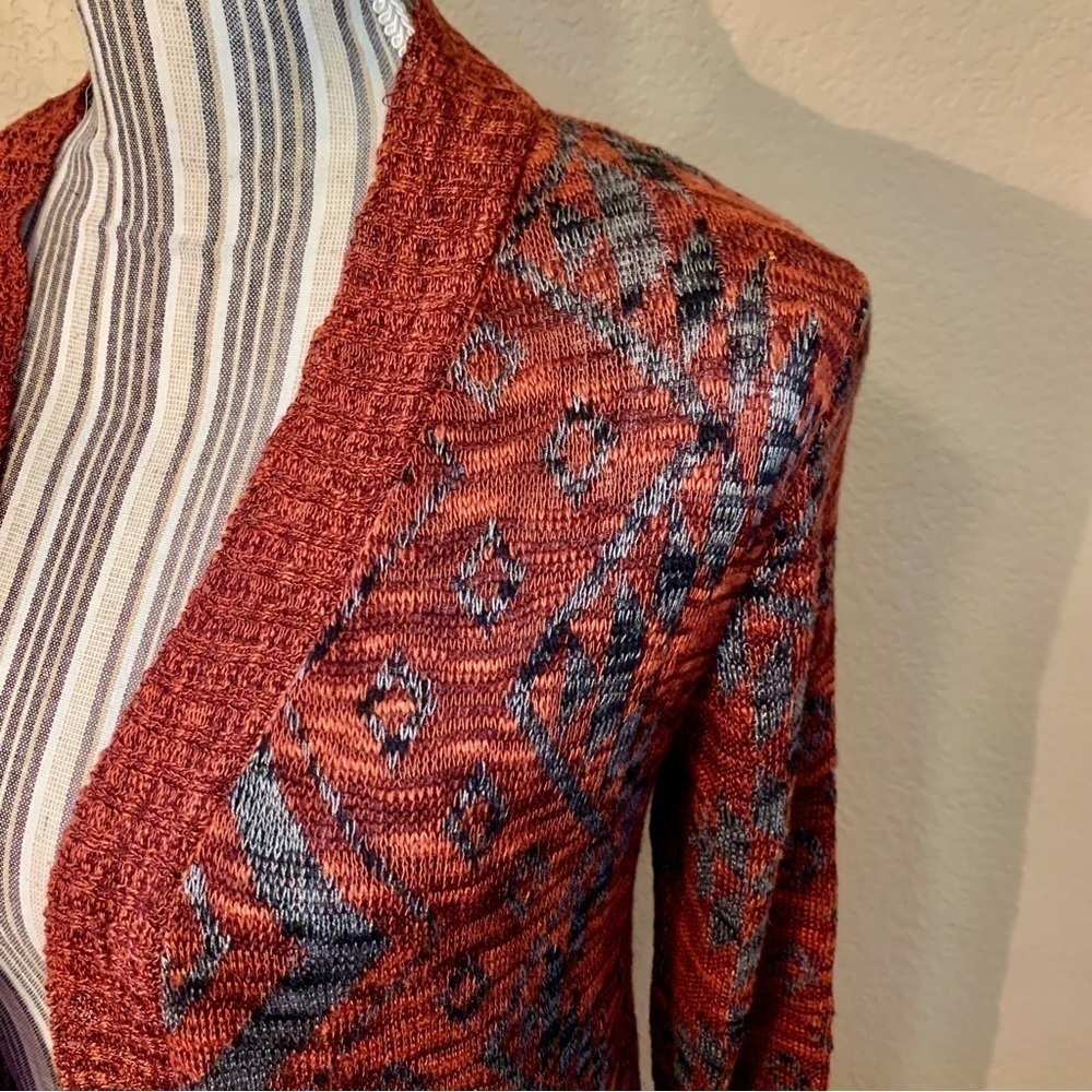 Cato Cardigan Small Open Duster Burgundy Grey Geometric Pattern Ribbed Trim - Picture 8 of 15